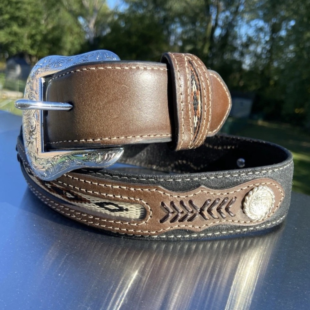 Nocona Belt Co.Brown Leather Western Belt with Silver Buckle - Picture 3 of 8